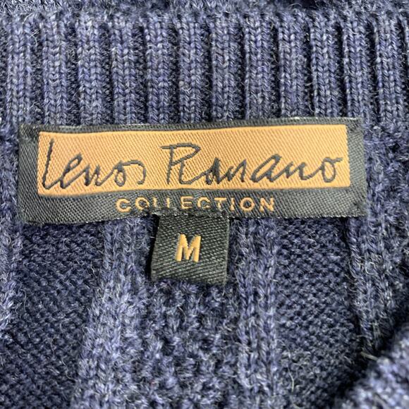 LENOR ROMANO Size M Navy Cable Knit Merino Wool V-Neck Pullover - Picture 4 of 6